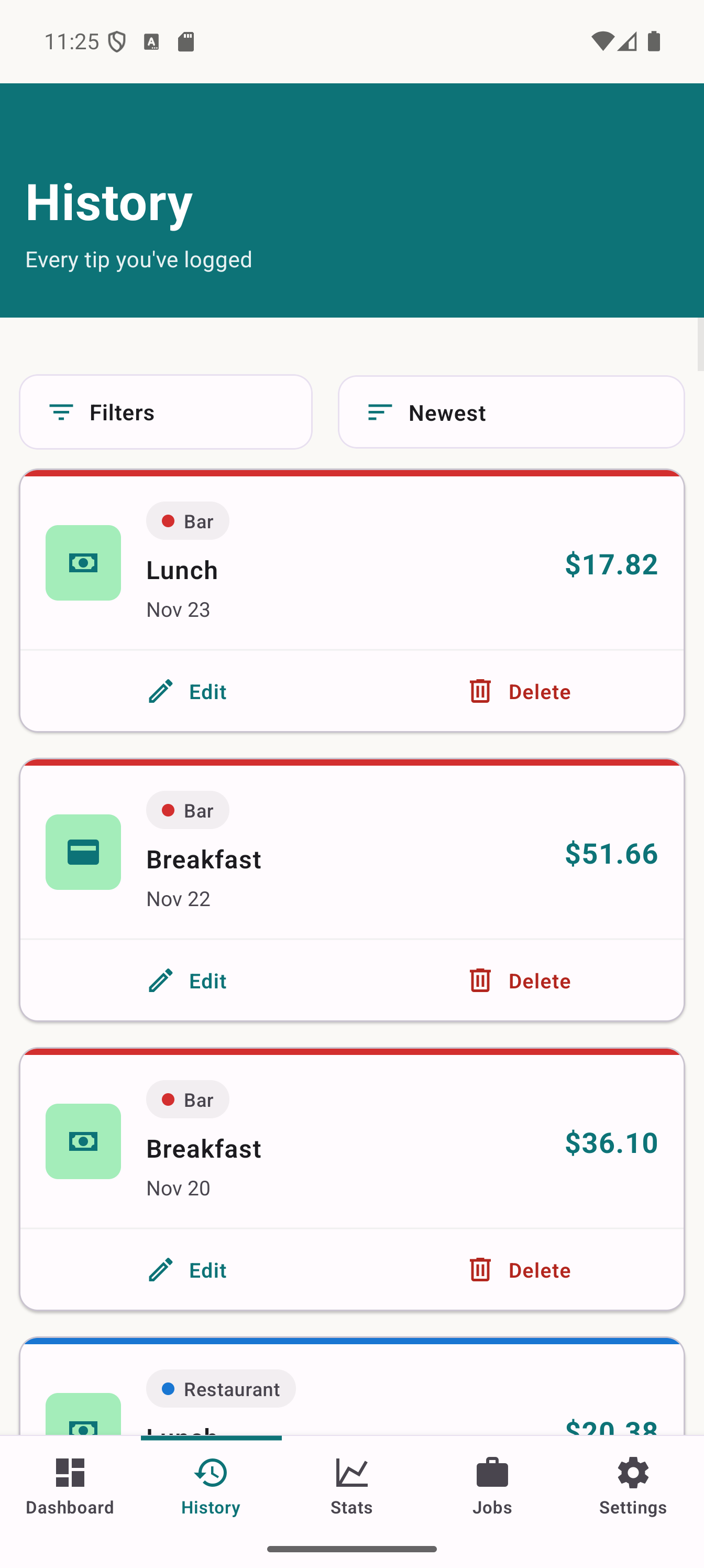 History - View all your logged tips with advanced filtering
